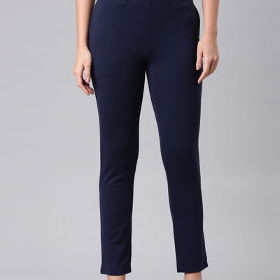 Women Solid Navy Mid Rise Smart Fit Kurti Pant