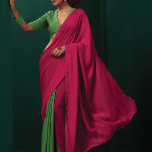 trueBrowns Green Pink Muslin Silk Ready To Wear Saree