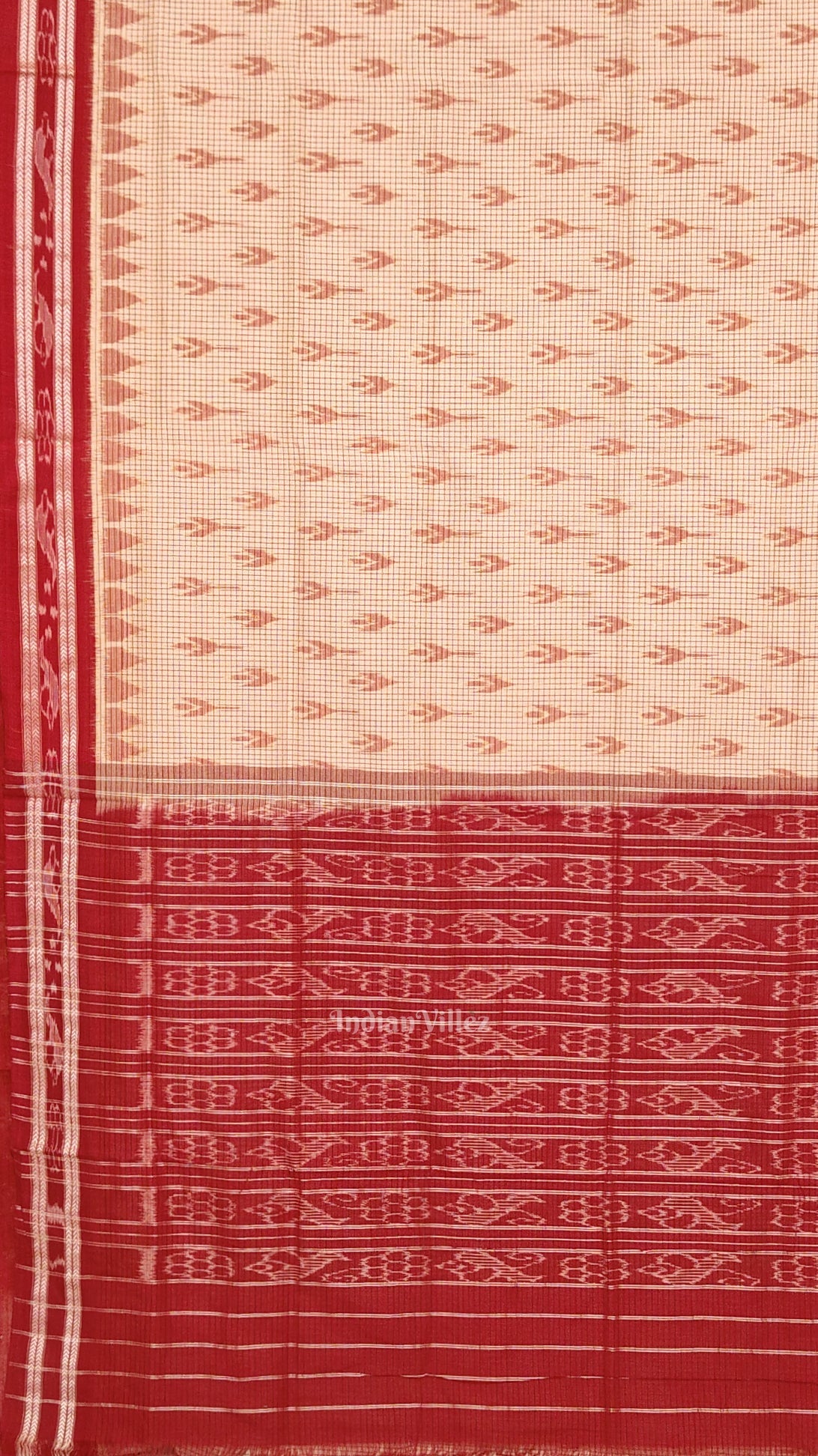 Beige Cream Red Check Mayur Chandrika Maniabandha Cotton Saree