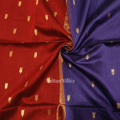 Blue Red Butta Design Maheshwari Handloom Cotton*Silk Saree