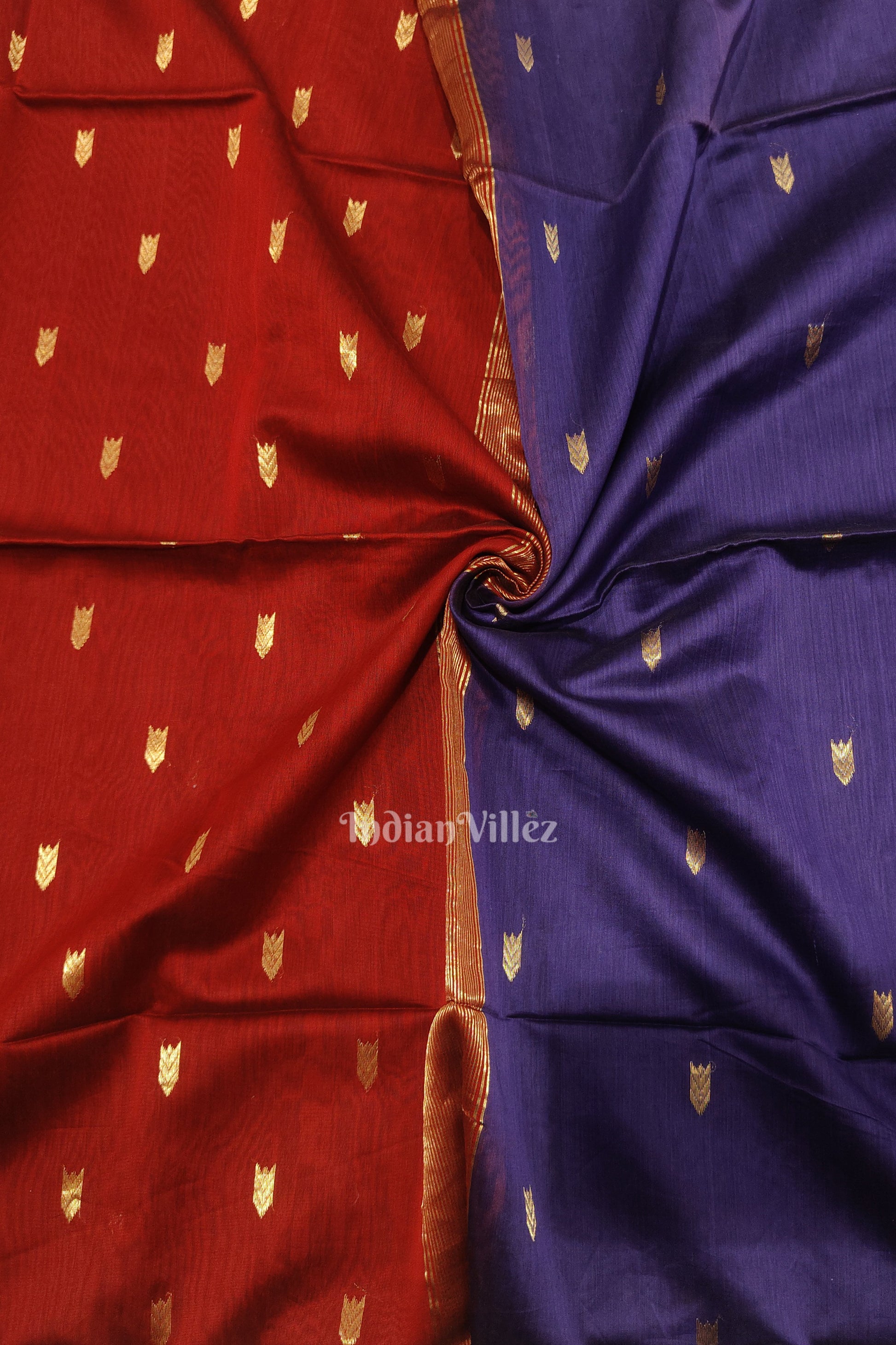 Blue Red Butta Design Maheshwari Handloom Cotton*Silk Saree