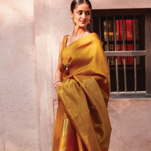 Mustard Handloom Kanchipuram Silk Saree With Zari Stripes