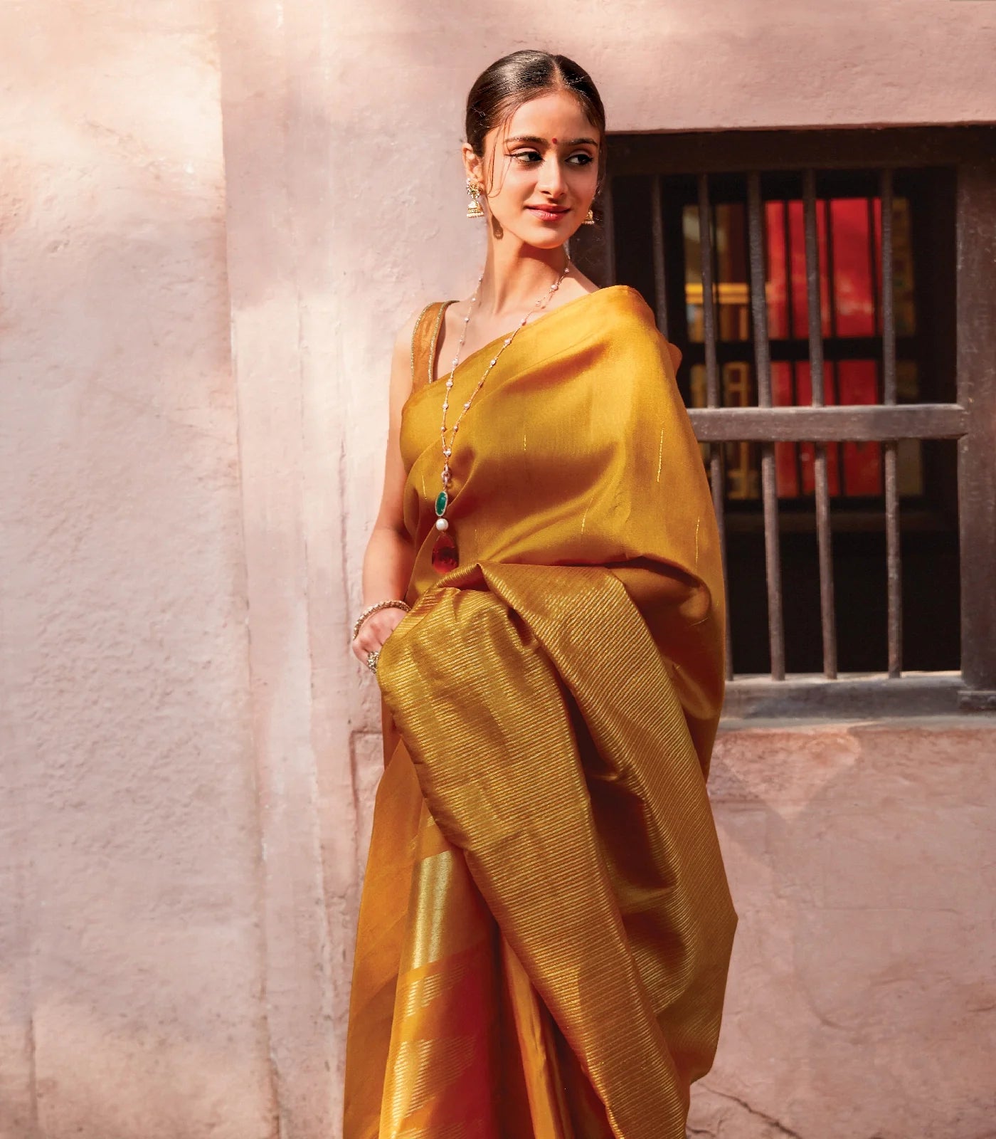 Mustard Handloom Kanchipuram Silk Saree With Zari Stripes
