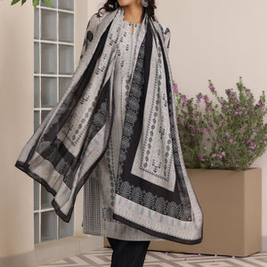 Grey Printed Silk Blend Straight Suit With Dupatta