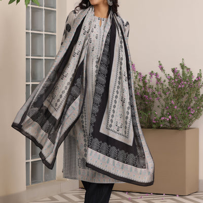 Grey Printed Silk Blend Straight Suit With Dupatta