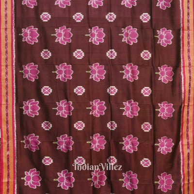 Deep Wine Lotus Flower Theme Odisha Ikat Khandua Silk Saree