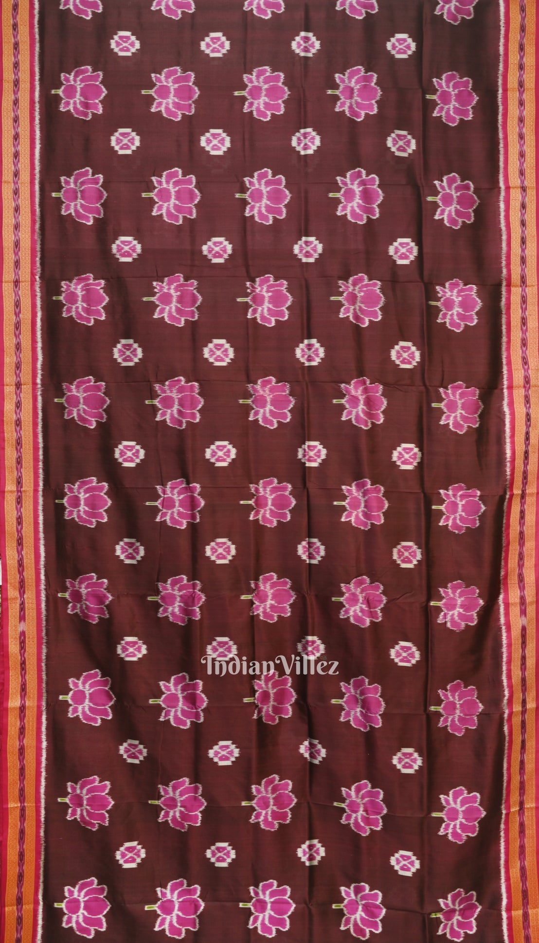 Deep Wine Lotus Flower Theme Odisha Ikat Khandua Silk Saree