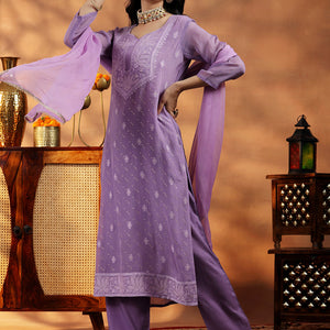 Lavender Embroidered Organza Straight Suit With Dupatta
