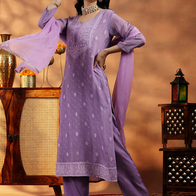 Lavender Embroidered Organza Straight Suit With Dupatta