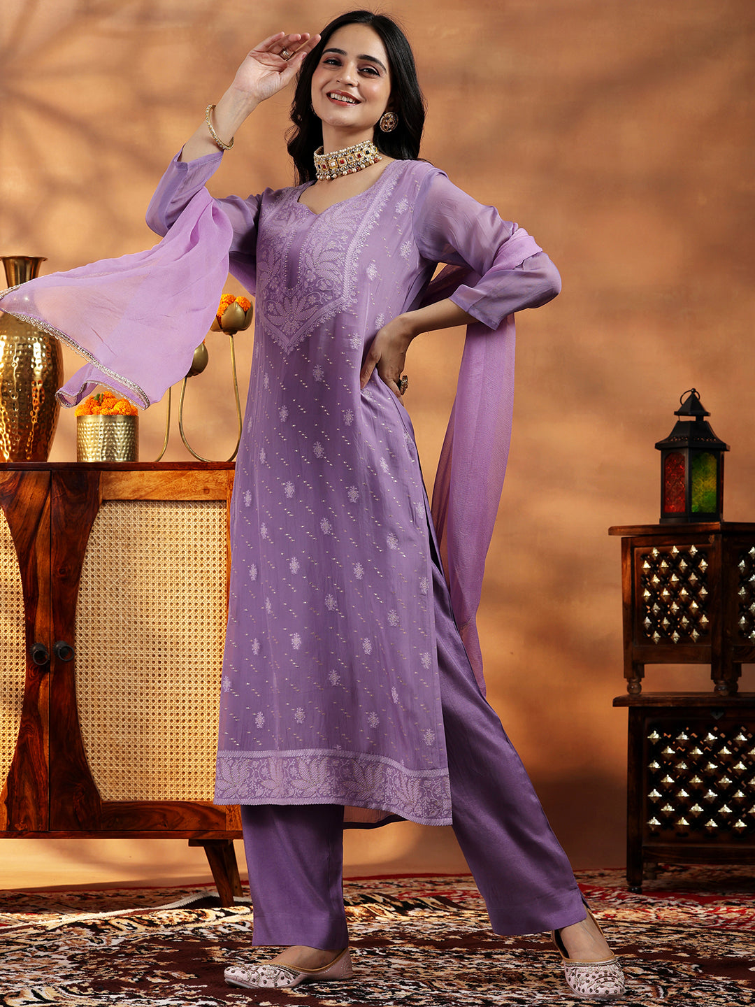 Lavender Embroidered Organza Straight Suit With Dupatta