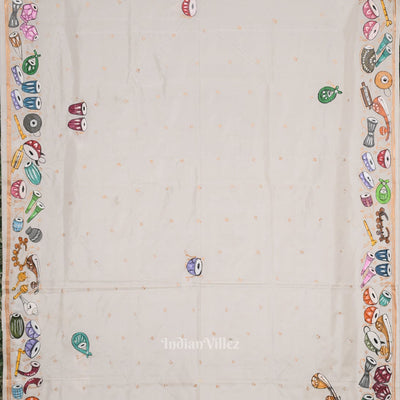 White Sitar Instrument Pattachitra Art Pure Silk Saree