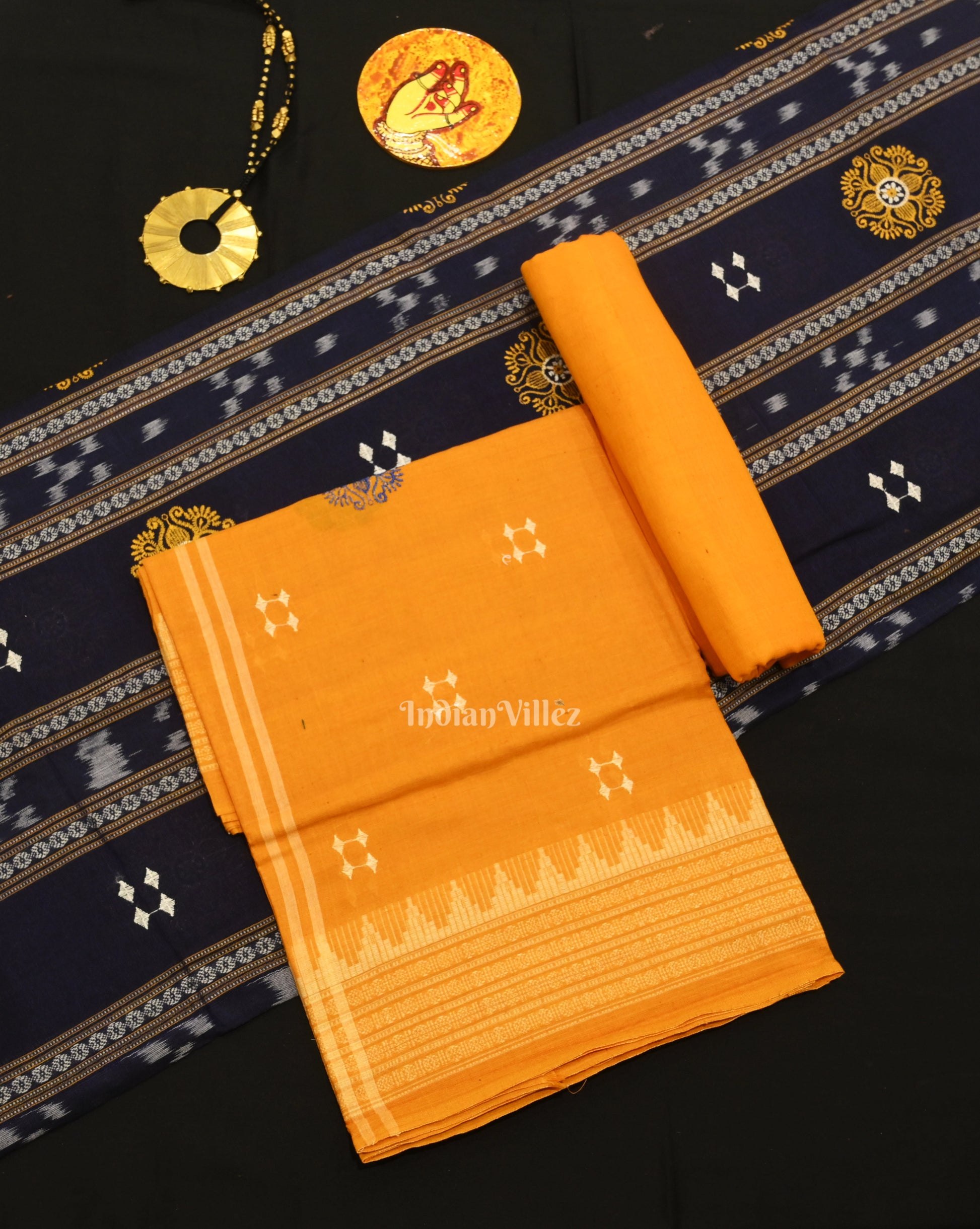 Blue yellow Sambalpuri Bomkai Cotton Dress set with Dupatta