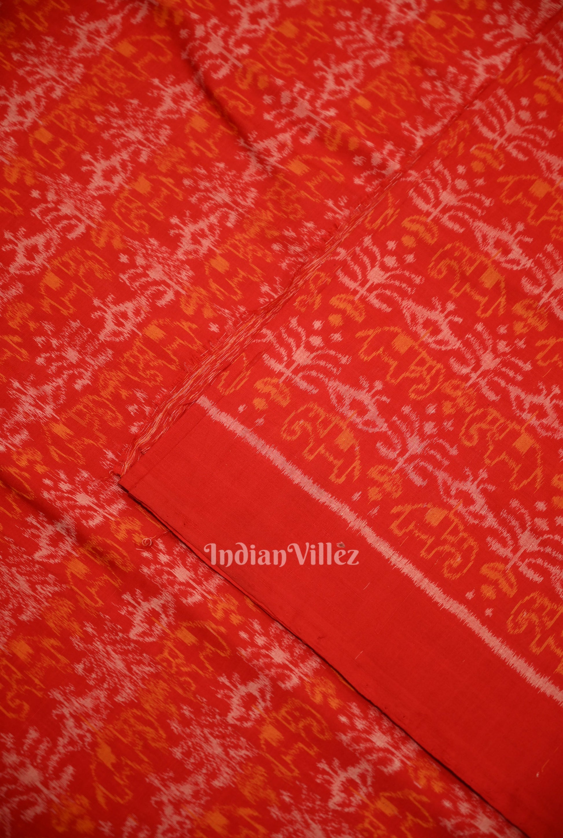 Deep Red Tribal Theme Sambalpuri Ikat Cotton Fabric