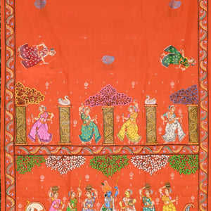 Deep Orange Radha Krishna Boita Hand-Painted Pattachitra Saree