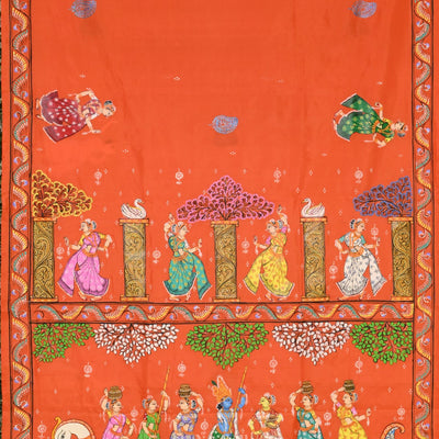 Deep Orange Radha Krishna Boita Hand-Painted Pattachitra Saree