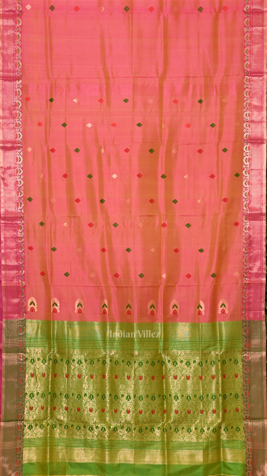 Pink Green Dual Tone Handwoven Baluchari Silk Saree