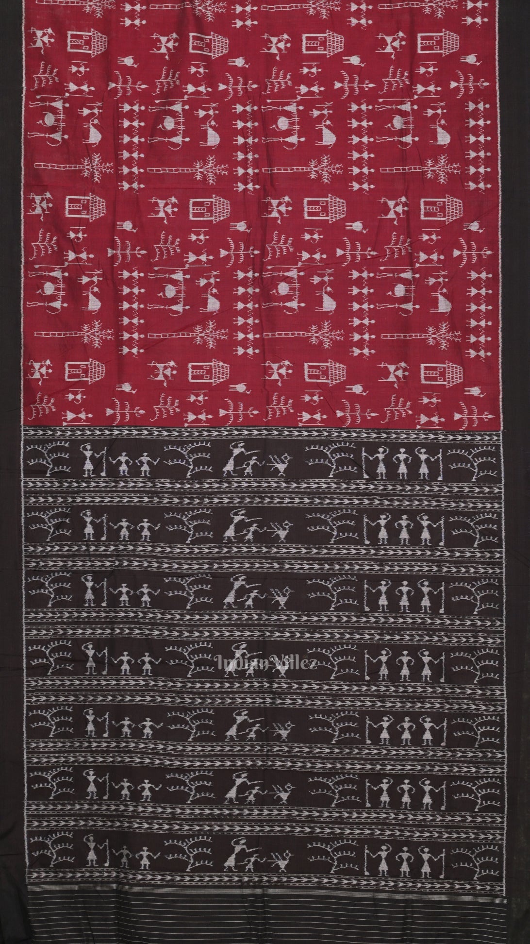 Maroon Black Tribal Theme Odisha Ikat Sambalpuri Cotton Saree