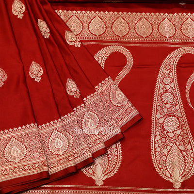 Dark Maroon Red Soft Pure Mashru Satin Silk Banarasi Saree