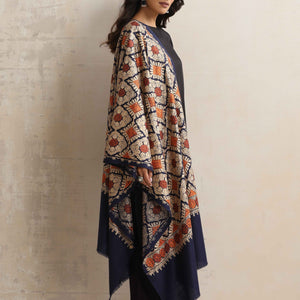 trueBrowns Navy Blue Embroidered Woollen Stole