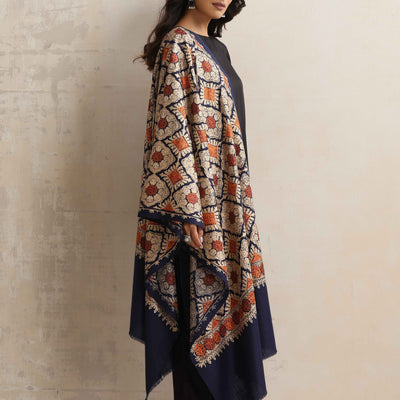 trueBrowns Navy Blue Embroidered Woollen Stole