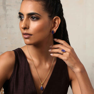 trueBrowns Gold Tone Blue Stone Pendant Set