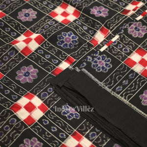 Black with MultiColor Pasapali Theme Sambalpuri Ikat Cotton Fabric