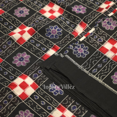 Black with MultiColor Pasapali Theme Sambalpuri Ikat Cotton Fabric