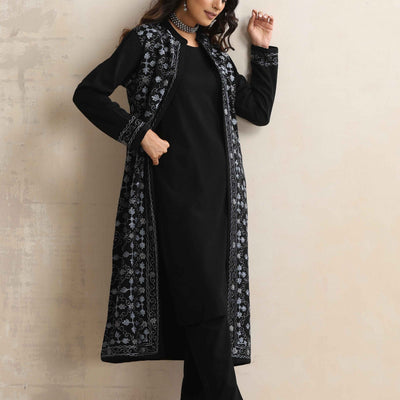 trueBrowns Black Kashmiri Woollen Jacket 3pc Set