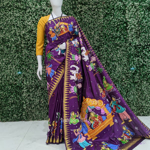 Purple Doli Barat Theme Hand-Painted Pattachitra Saree (Pre-order)