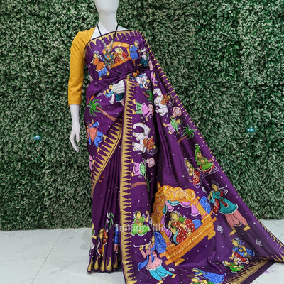 Purple Doli Barat Theme Hand-Painted Pattachitra Saree (Pre-order)