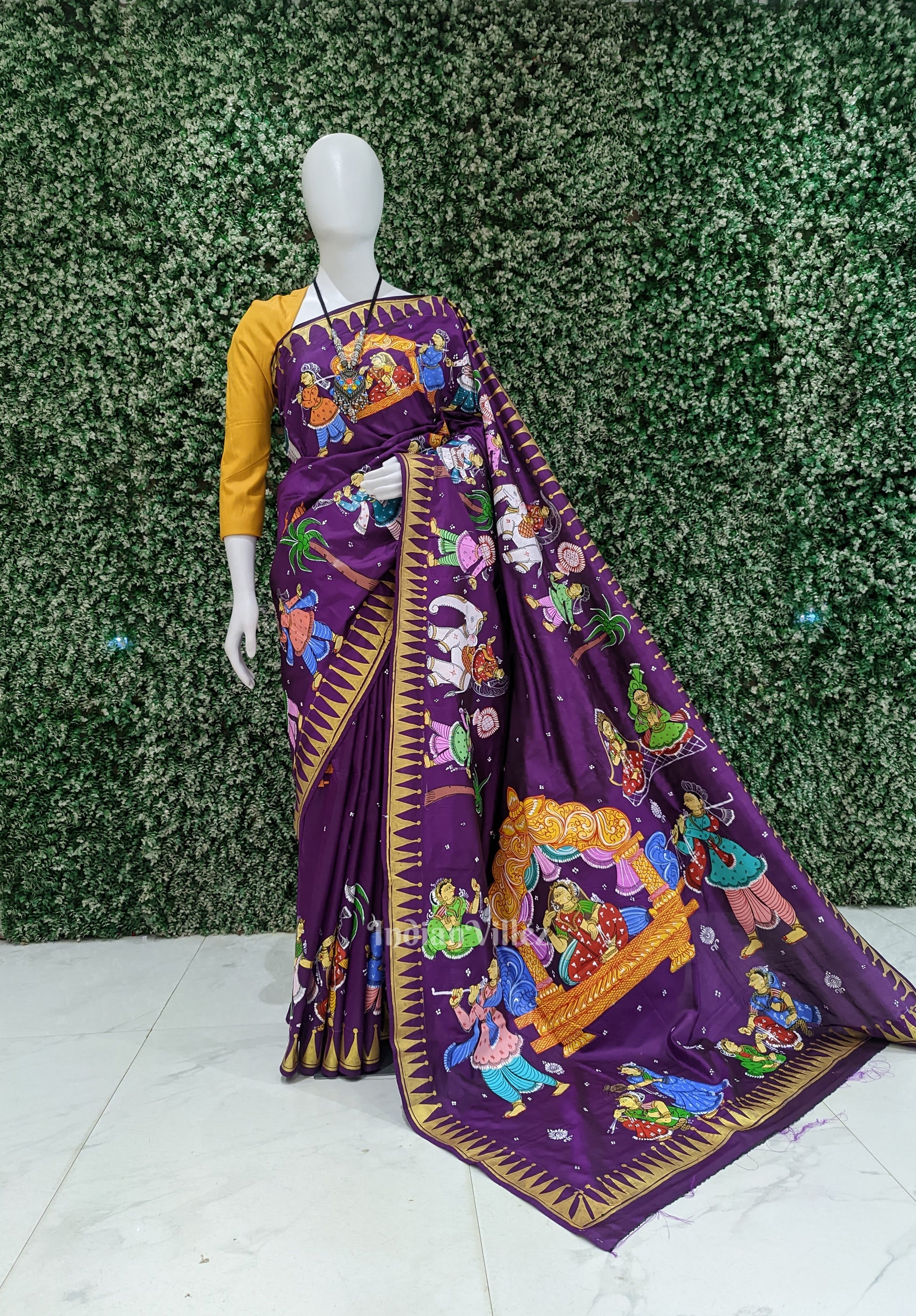 Purple Doli Barat Theme Hand-Painted Pattachitra Saree (Pre-order)