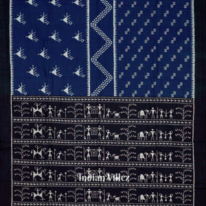 Deep Blue Tribal Theme Odisha Ikat Sambalpuri Pure Cotton Saree