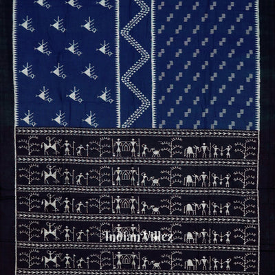 Deep Blue Tribal Theme Odisha Ikat Sambalpuri Pure Cotton Saree