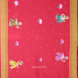 Pink Orange Radha Krishna Raasleela Hand-Painted Pattachitra Saree