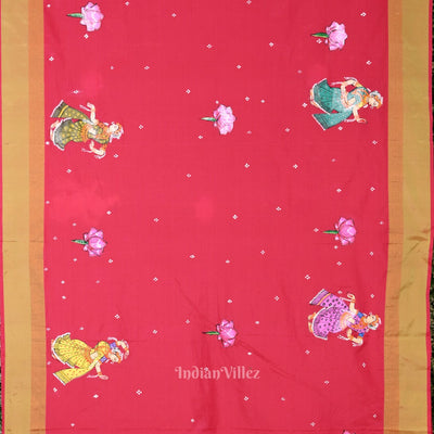 Pink Orange Radha Krishna Raasleela Hand-Painted Pattachitra Saree