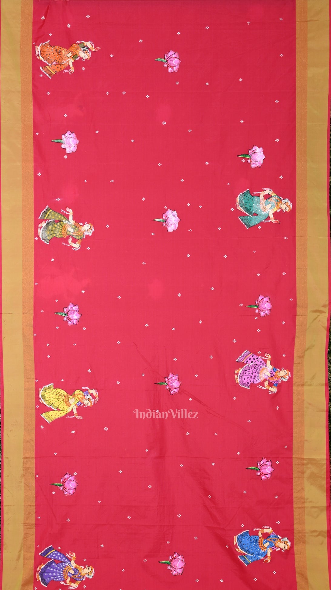 Pink Orange Radha Krishna Raasleela Hand-Painted Pattachitra Saree