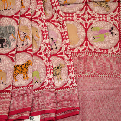 Rani Pink Shikargah Theme Banarasi Khaddi Georgette Saree