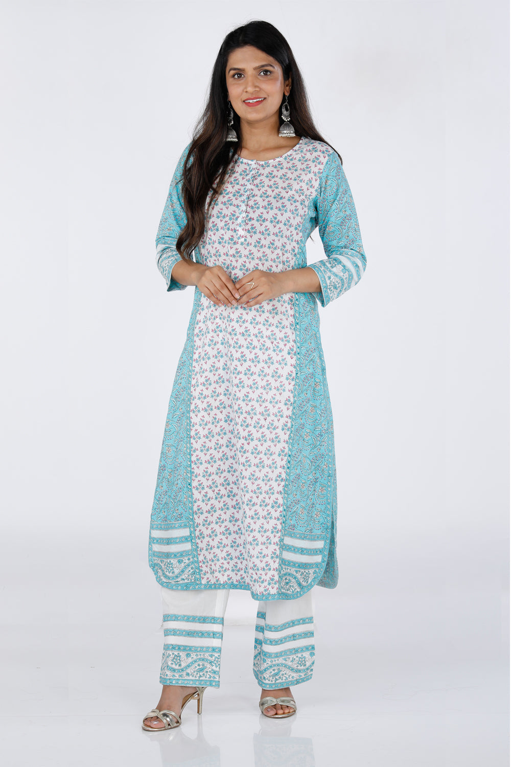 Hand block printed cotton paneled Kurti with pants