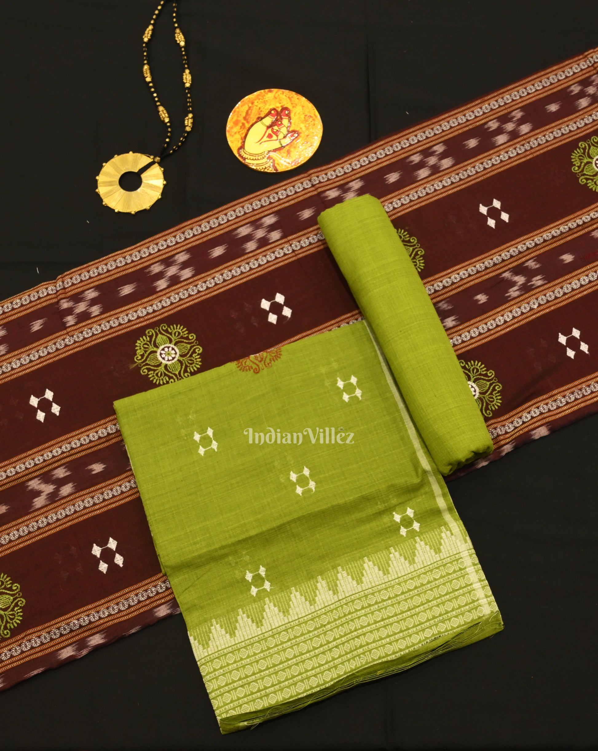 Maroon Parrot Green Sambalpuri Bomkai Cotton Dress set with Dupatta