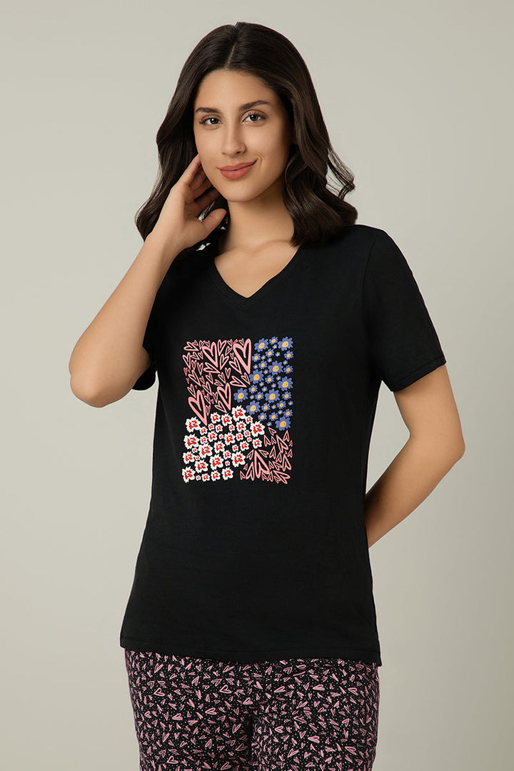 V-Neck Sleep Tee - Floral Heart Print