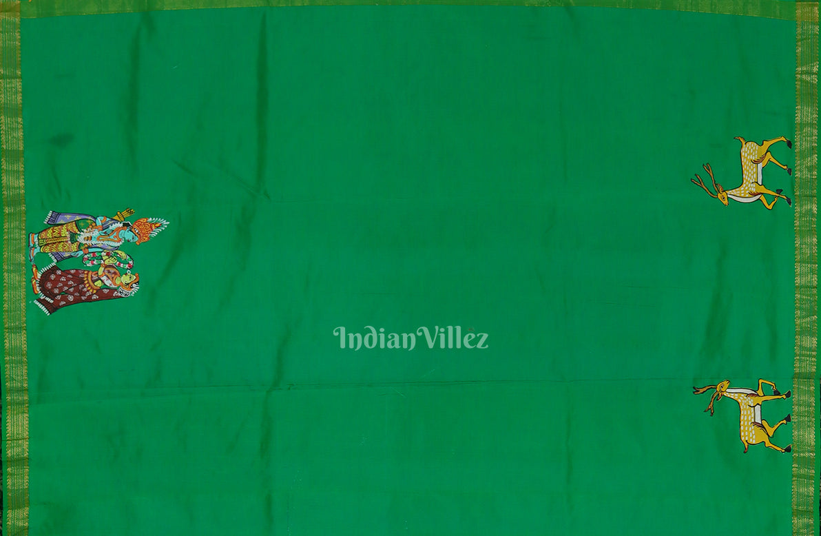 Blue Green Ramayan Theme Hand-Painted Pattachitra Saree