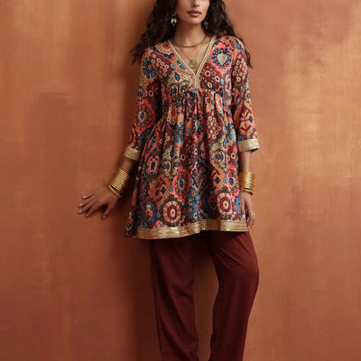 trueBrowns Brown Print Flared Co-ord Set
