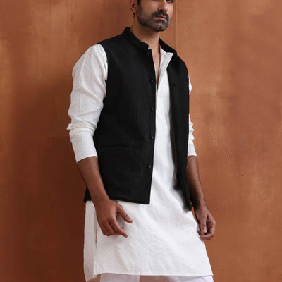 trueBrowns Men's Black Textured Cotton Dobby Nehru Jacket