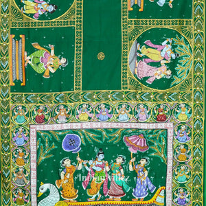 Green Radha Krishna Boita Theme Hand-Painted Pattachitra Saree