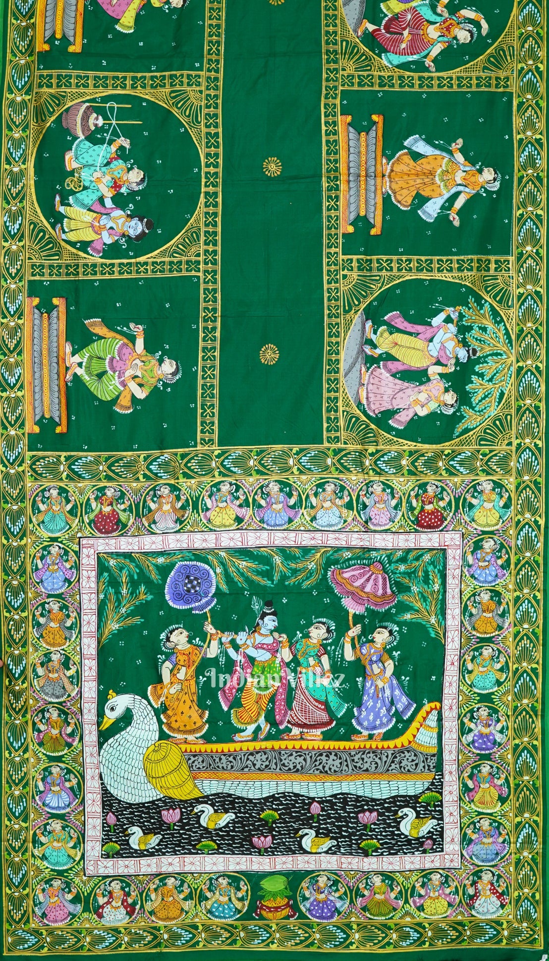 Green Radha Krishna Boita Theme Hand-Painted Pattachitra Saree