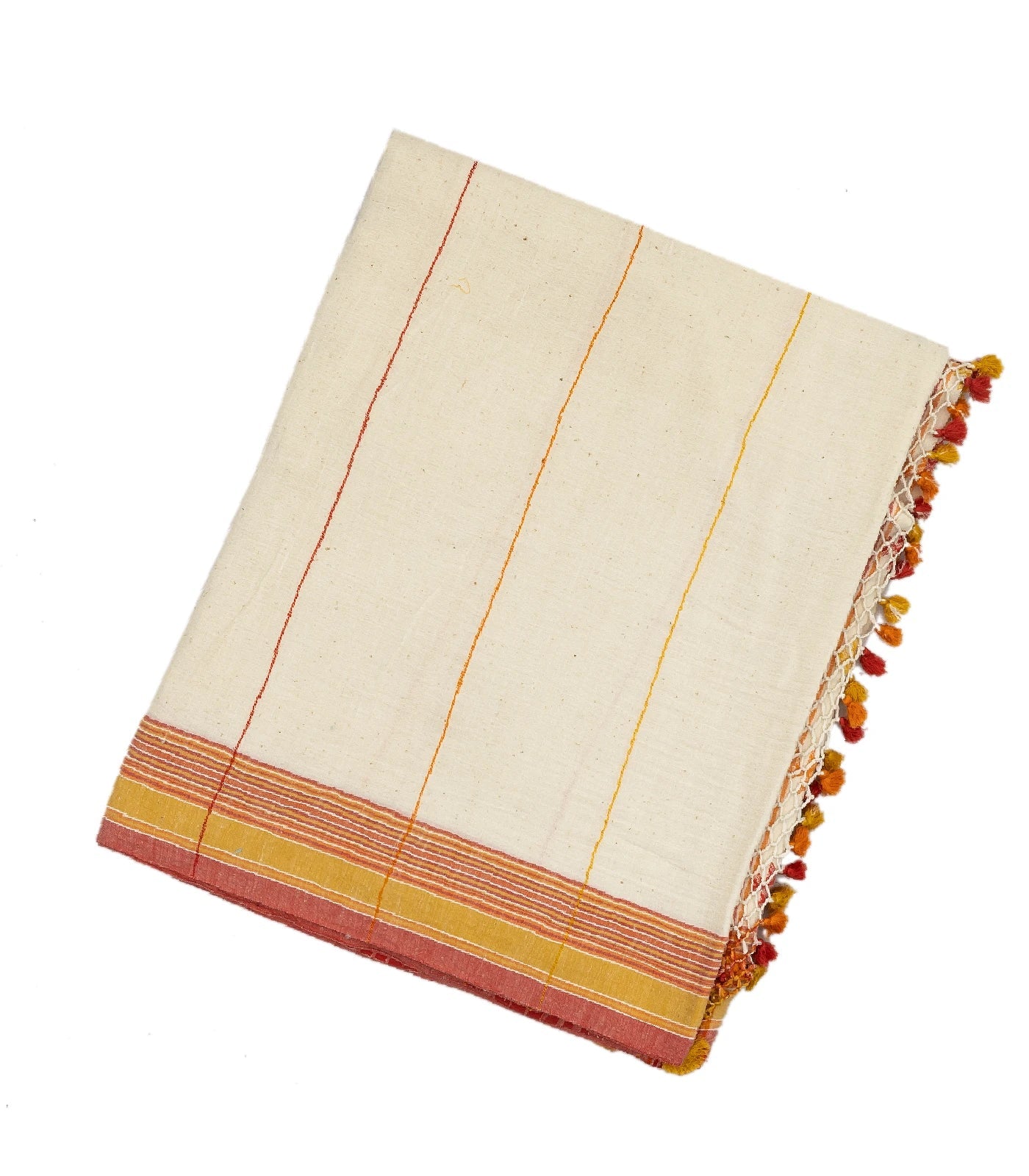White Handloom Bhujodi Cotton Saree With Yellow Stripes