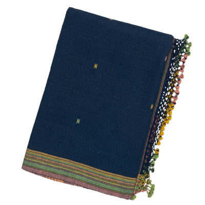 Navy Blue Handloom Bhujodi Cotton Saree With Cross Buttas