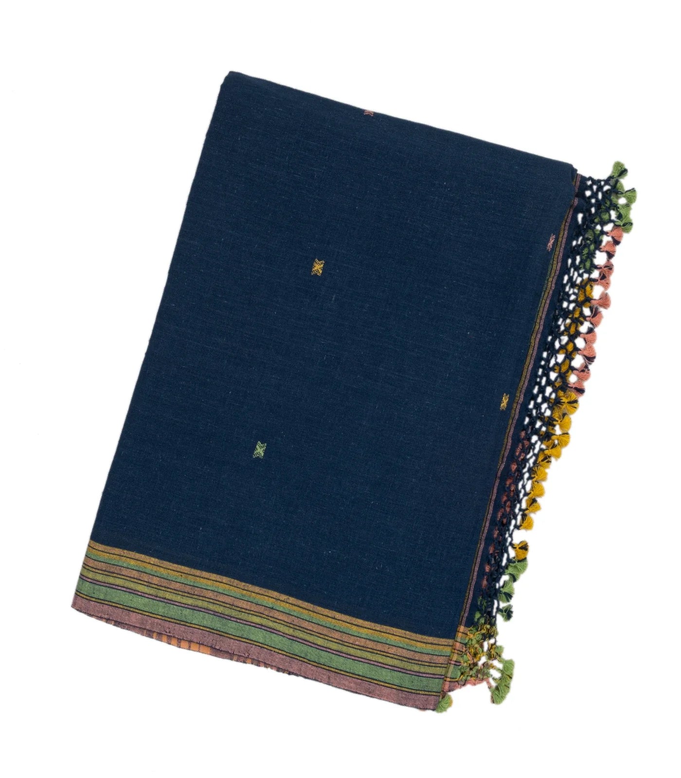 Navy Blue Handloom Bhujodi Cotton Saree With Cross Buttas