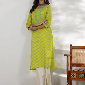 Green Printed Cotton Straight Kurta