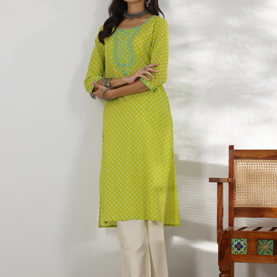 Green Printed Cotton Straight Kurta